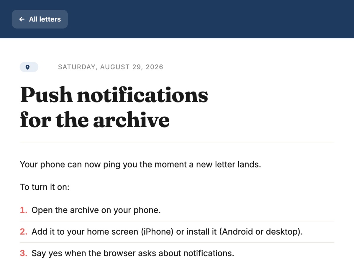 A letter open in the archive, titled Push notifications for the archive and dated Saturday, August 29, 2026, with the full text below and an All letters button at the top.