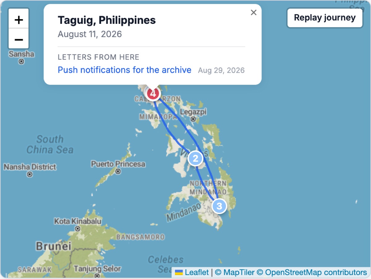 The mission map with four numbered pins across the Philippines and a line tracing the route between them. Pin 4 is open and reads Taguig, Philippines, August 11, 2026, with a link to the letter written there.